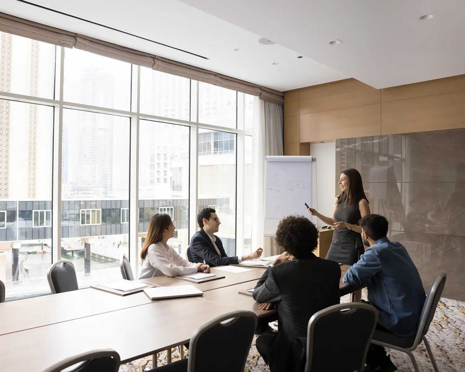 Presentation in office with large windows