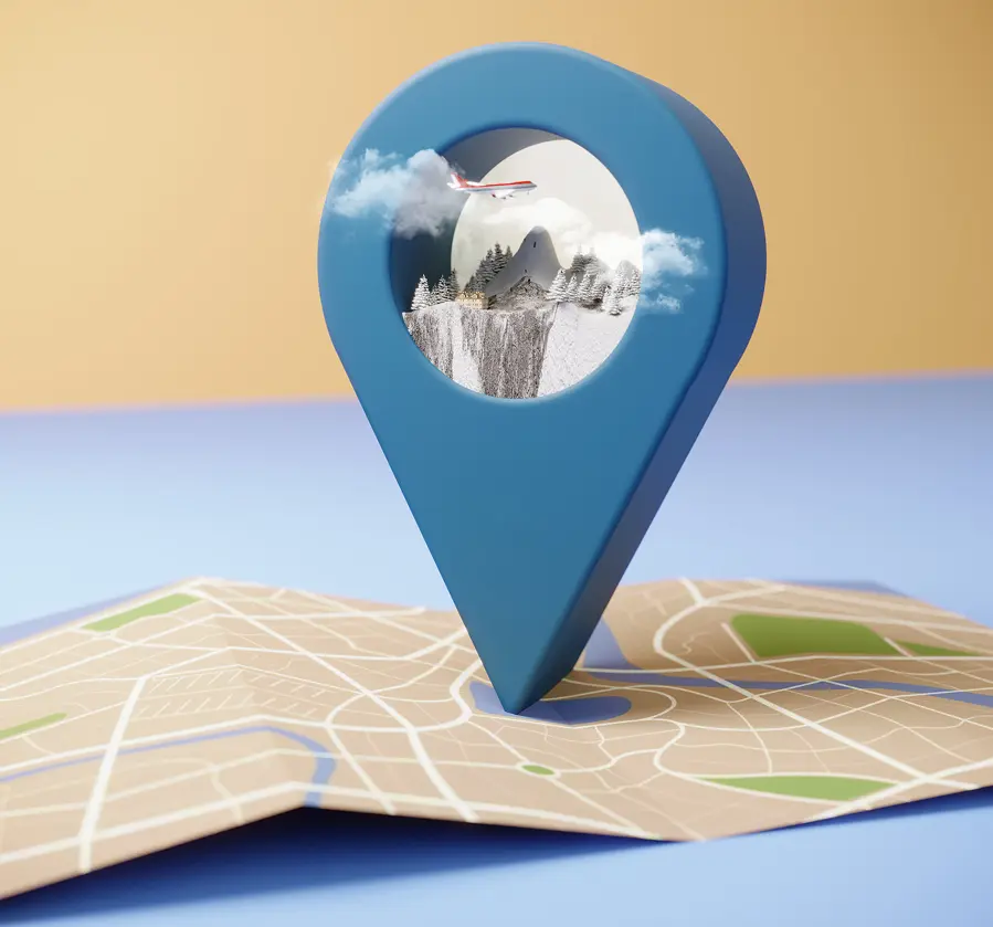Map pin with scenic landscape inside